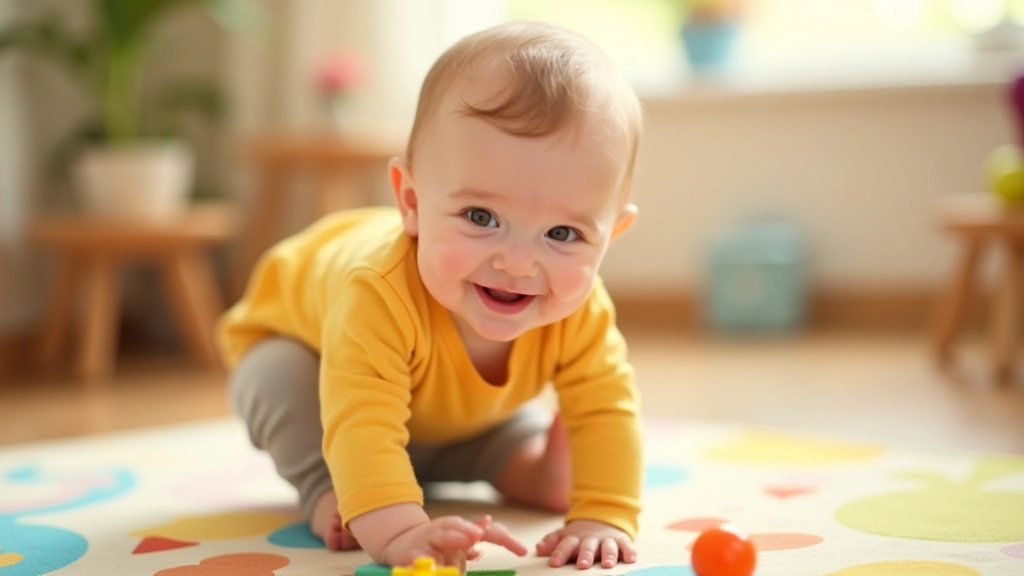 Smiling baby aged 9 months sitting on colorful play mat reaching toward age-appropriate toys