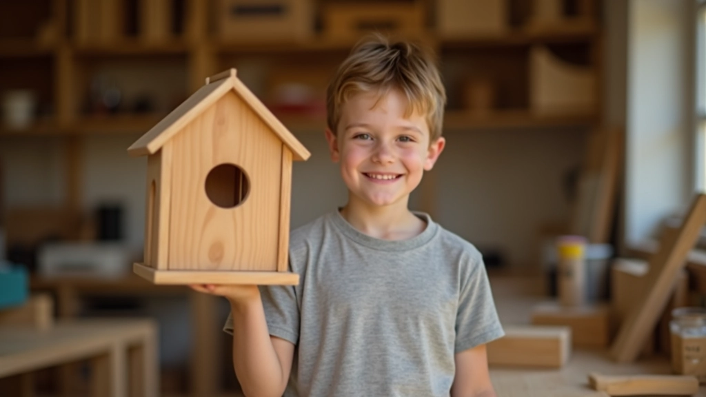 Young boy proudly displaying his completed wooden birdhouse project at a woodworking workshop