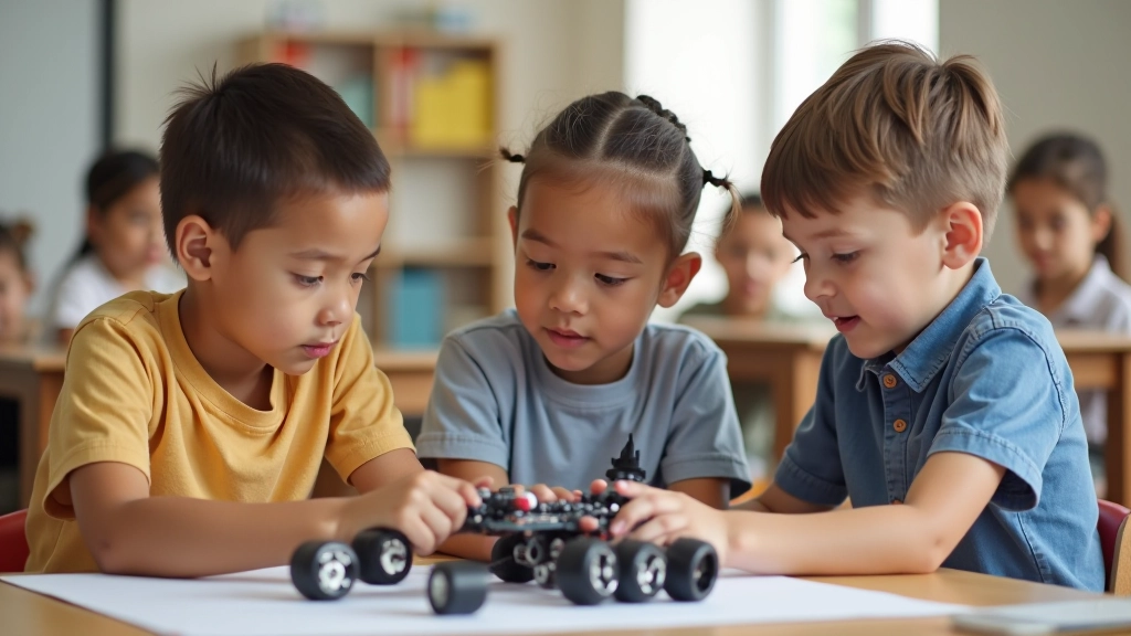 Diverse children working together on STEM robotics project in a bright classroom setting