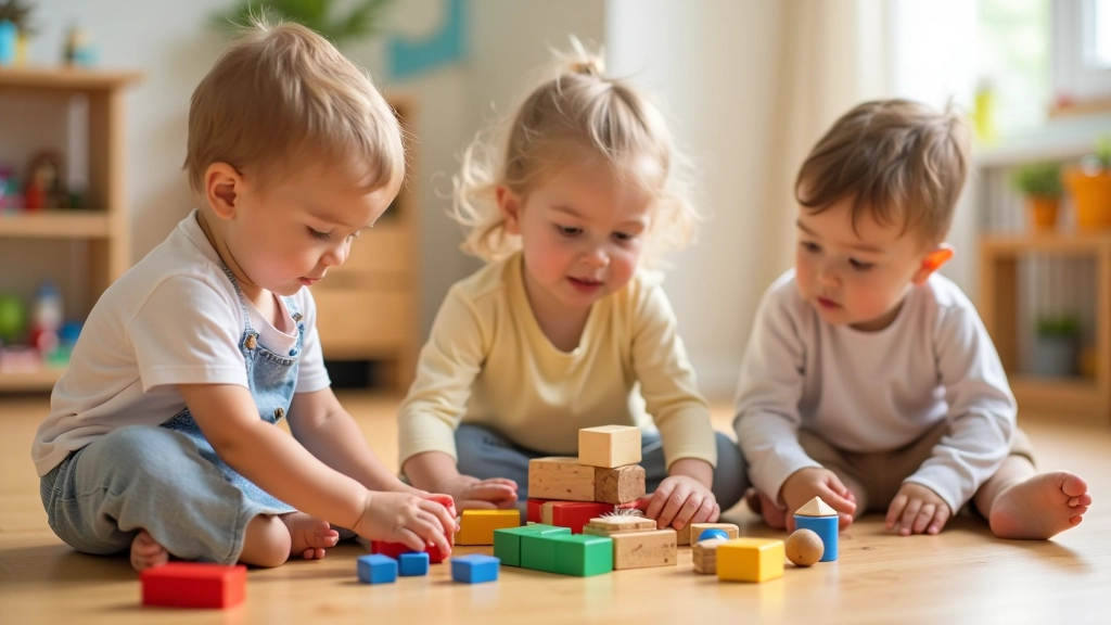 Children aged 4-7 playing together with colorful building blocks and construction toys on a wooden floor, concentrating on building a structure