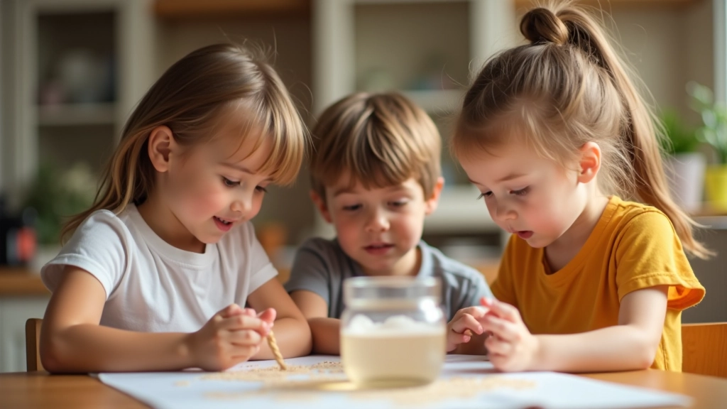 Two children of different ages examining and discussing results of their science experiment with enthusiasm