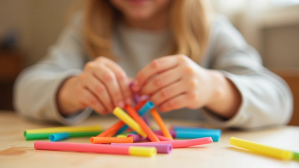 Child's hands carefully building a structure with colorful straws and tape at a work table