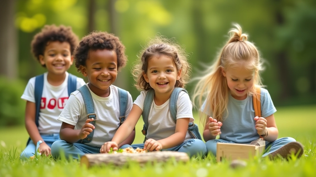 Multiple children aged 5-10 of diverse backgrounds playing together outdoors in natural setting with grass, trees, and natural materials like logs and rocks