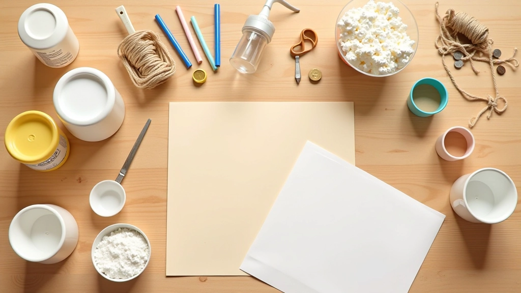 Organized collection of common household items suitable for STEM experiments laid out on wooden surface