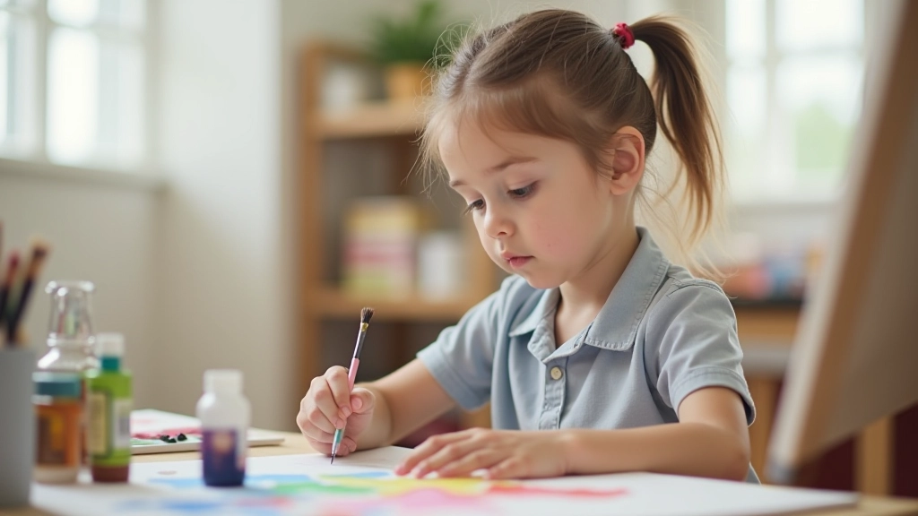 Young girl focused on painting with watercolors on canvas at a workshop table with art supplies nearby
