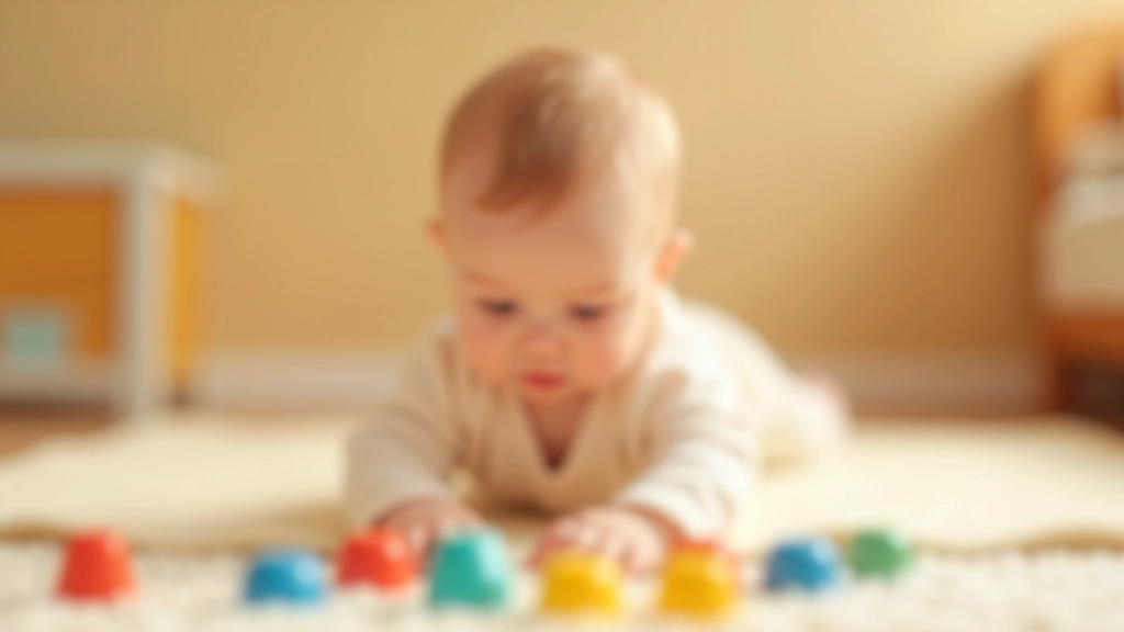 Infant reaching for colorful toy blocks during supervised tummy time development session