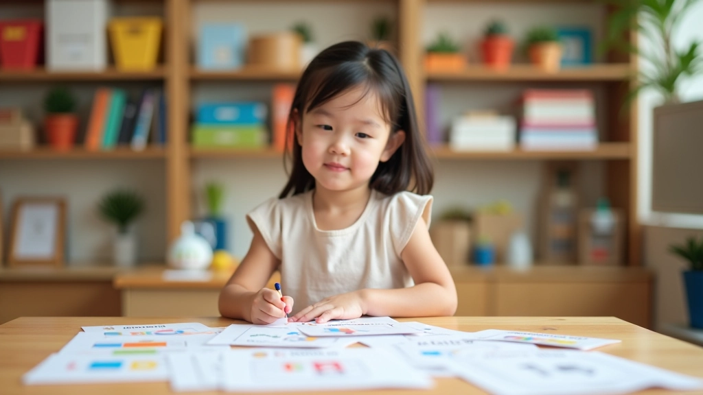 Educational workspace with developmental milestone tracking materials, colorful activity cards, and learning resources organized professionally