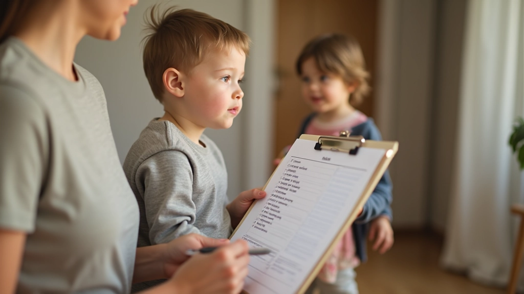 Parent observing toddler's developmental milestone checklist on a clipboard during playtime