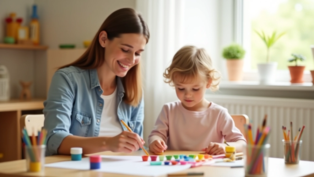 Adult and child sitting together at a low table with art supplies, painting and creating together in a bright, naturally lit room with colorful artwork on walls