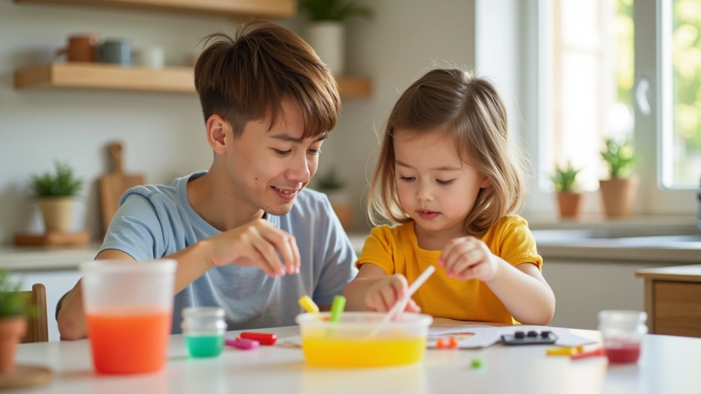Parent and young child experimenting with colorful water and simple household materials on kitchen table