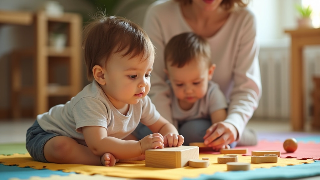 Parent and toddler playing together with wooden toys on a colorful play mat