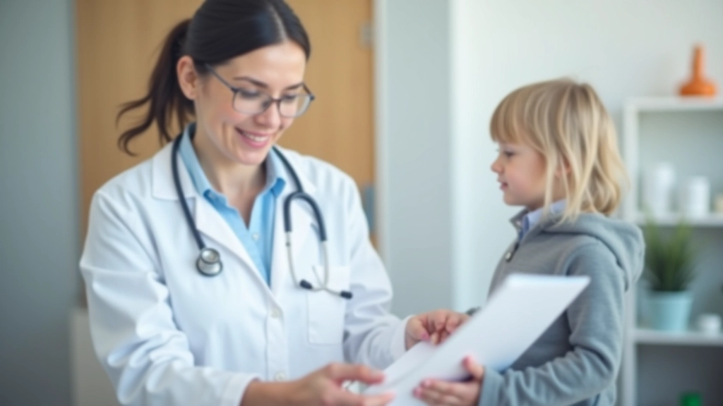 Healthcare provider discussing developmental progress with parent using milestone assessment chart