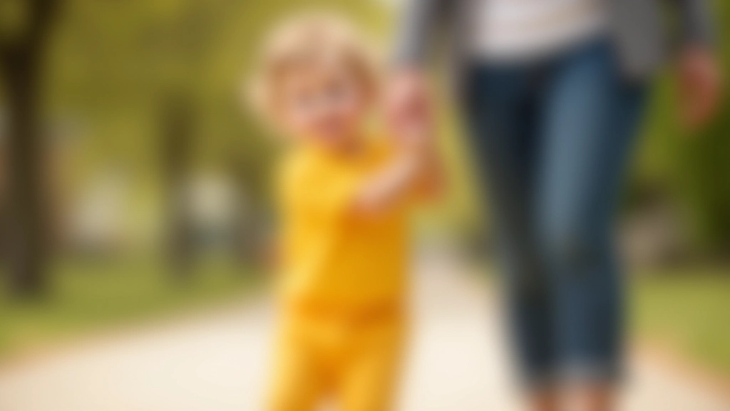 Toddler age 18 months walking independently while holding caregiver's hand on sunny day