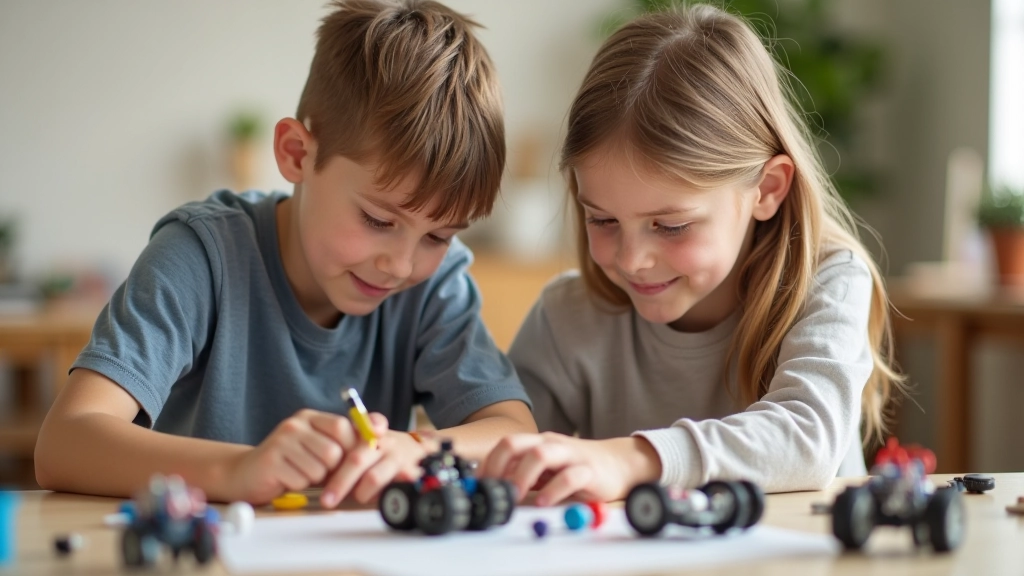 Two children collaborating on a robotics project, assembling components together at a workshop table