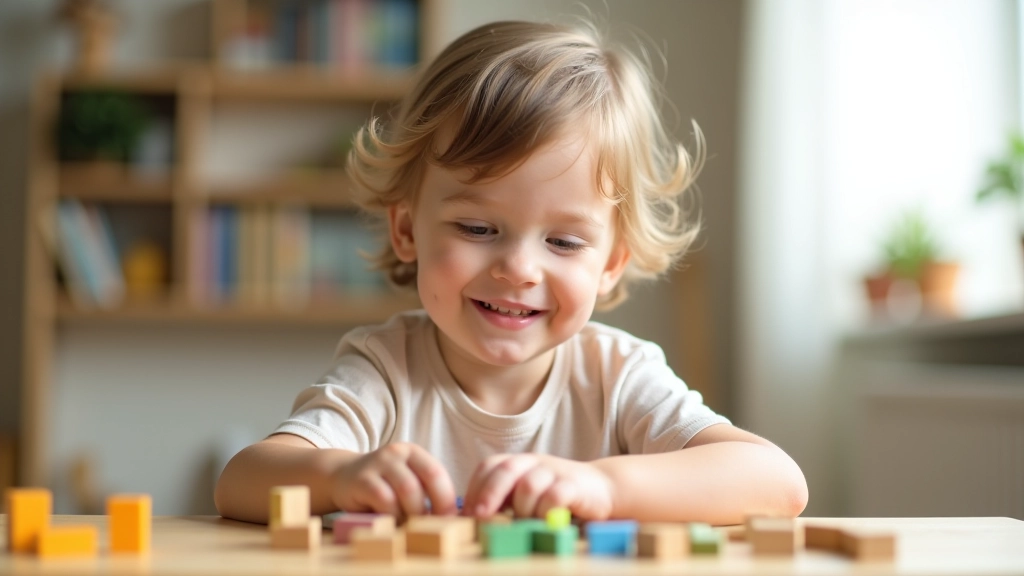 Young child engaged in hands-on learning activity with colorful building blocks and educational materials