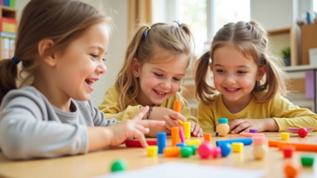 Children engaged in creative learning activities with colorful educational materials and developmental play in bright classroom environment